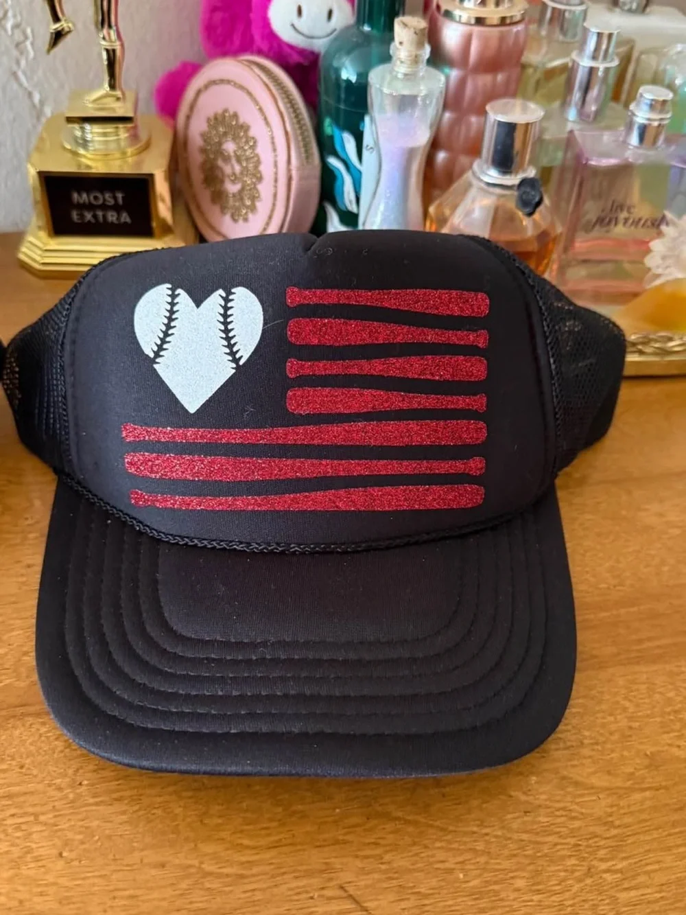Black Trucker Hat with Red Glitter Stripes & White Baseball Heart